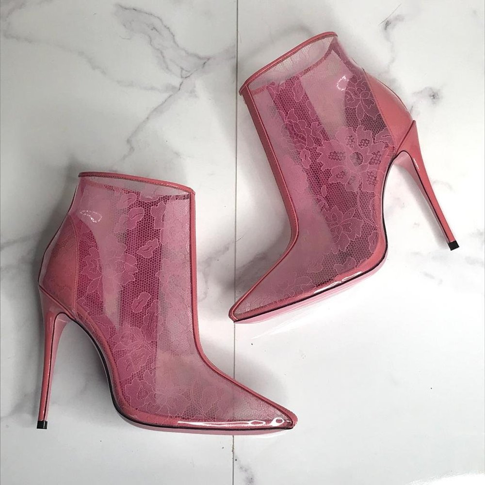 Pink Lace Print PVC & Patent Leather Ankle Boots
